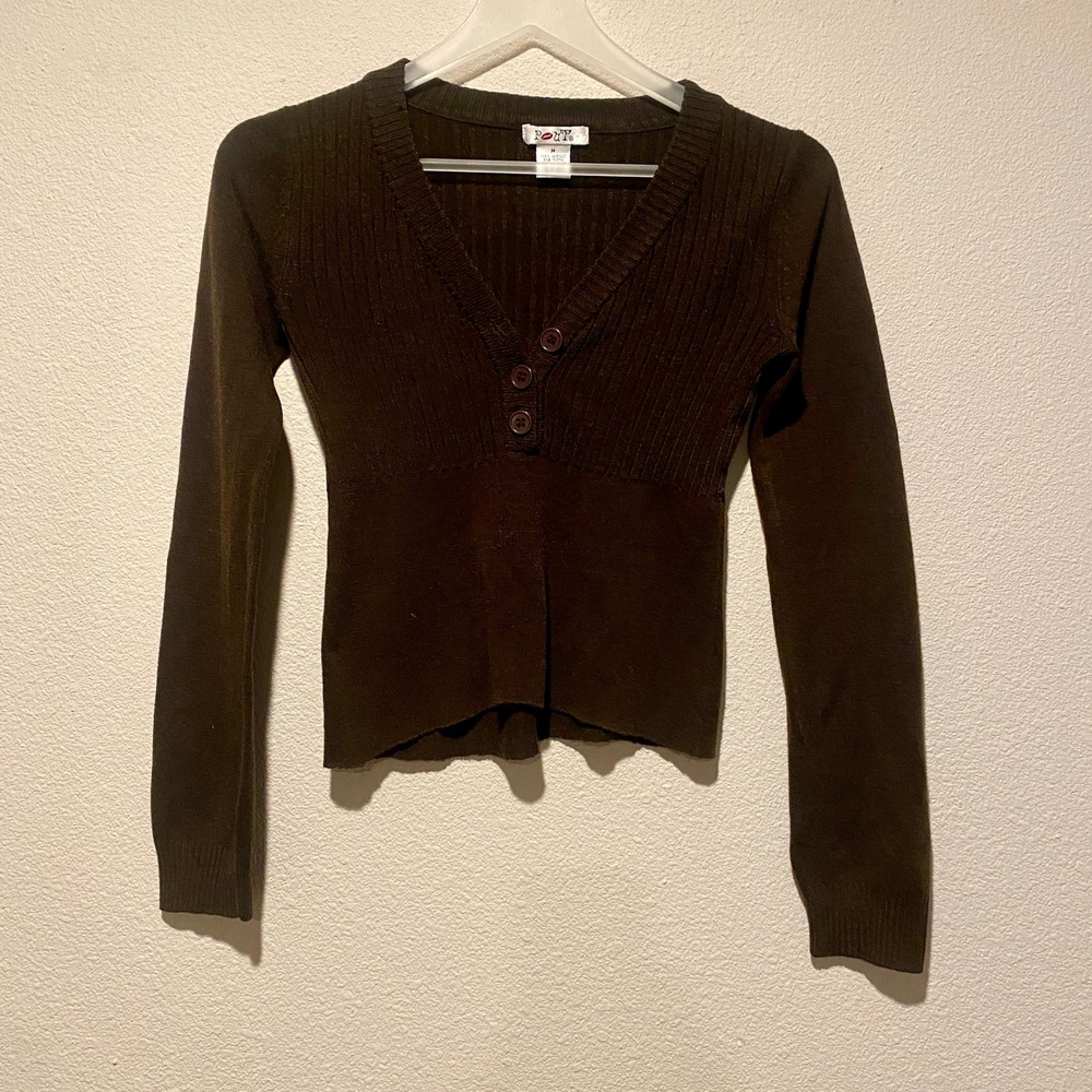 Brown Ribbed Knit Long‎ Sleeve V Neck Button Up Sweater Top